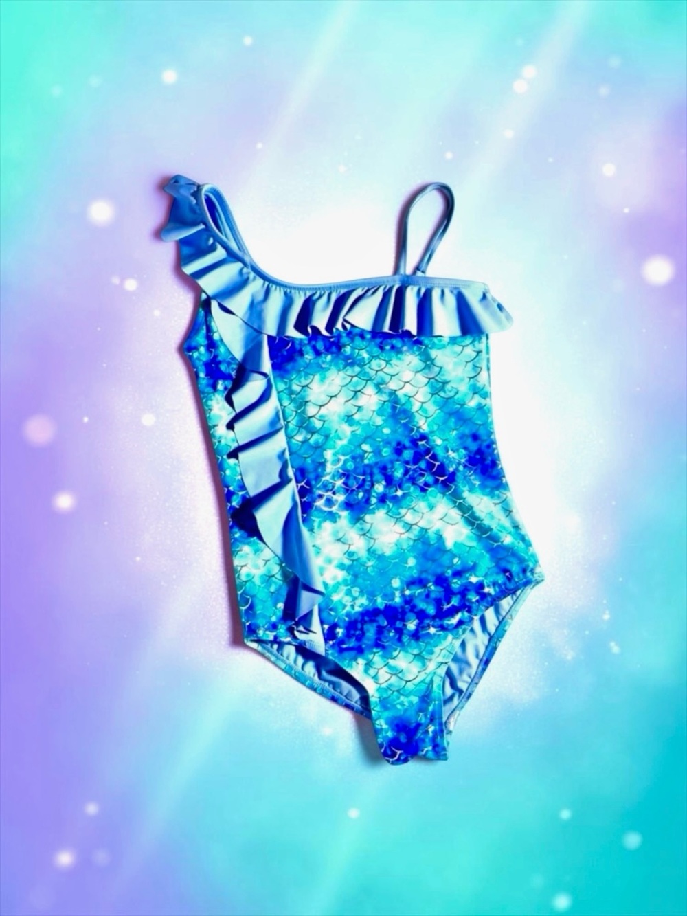 Justice Girls Swimsuit Metallic Blue Mermaid One‑Shoulder Size 10 EUC